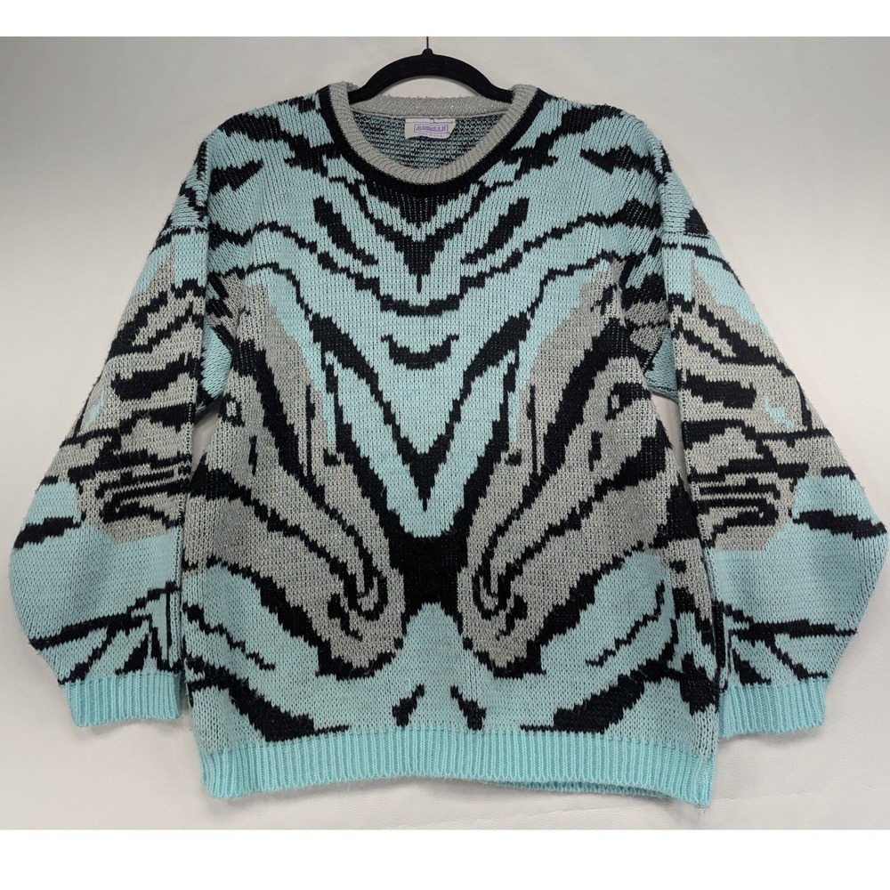 Arielle Vintage Horses Head Print Sweater Aqua Blue Black Gray Crew Neck‎ Knit
